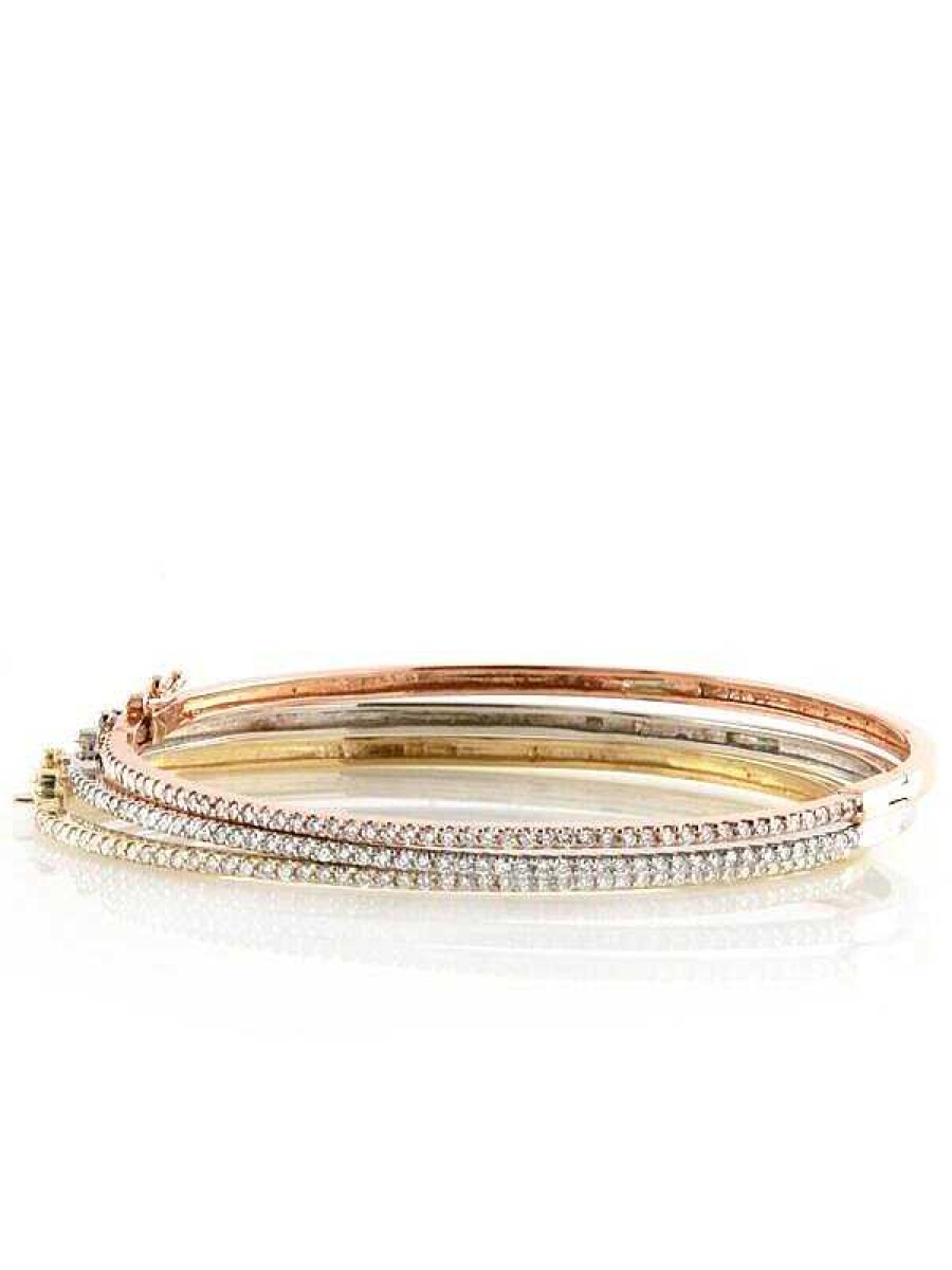 Stones & Gold Bracelets & Anklets | Set: 1.6Mm Tri-Tone Dainty Diamond Solid 14 Karat Gold Bangles