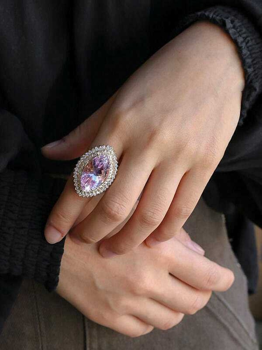 Stones & Gold Rings | 21.28Ct Natural Kunzite 1.63Ct Diamond Double Halo Cocktail Ring