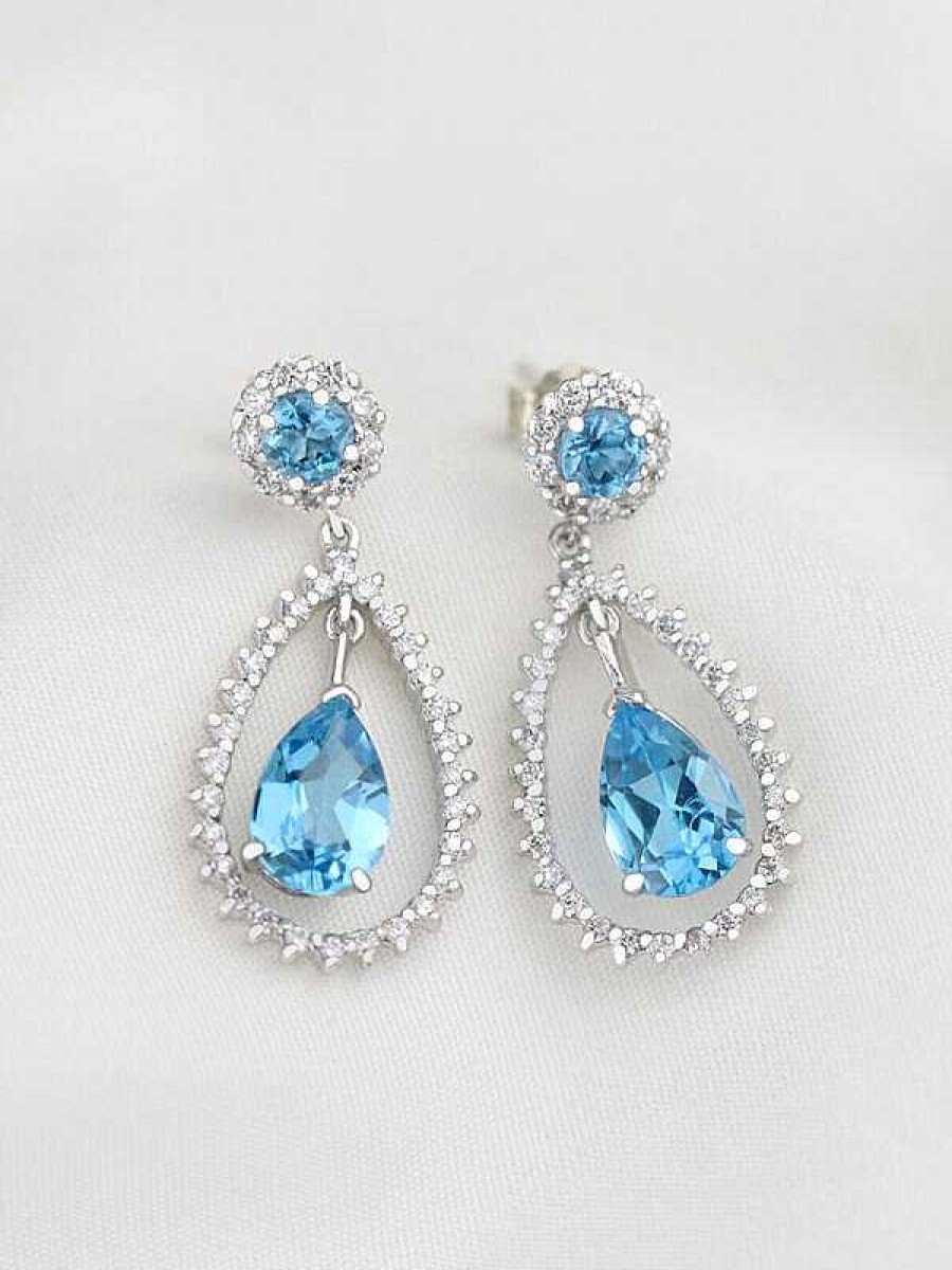 Stones & Gold Earrings | Blue Topaz Chandelier Dangle Diamond Earrings