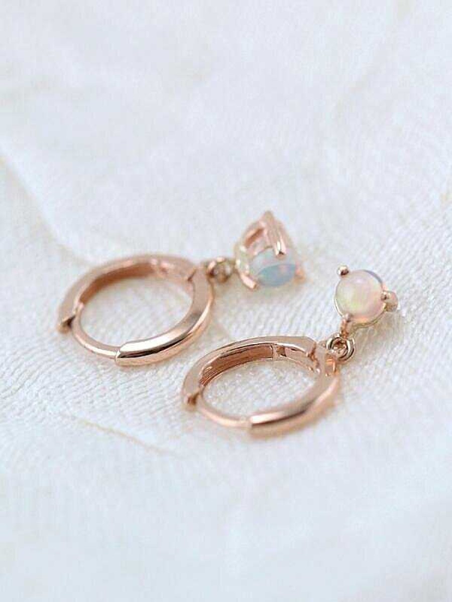 Stones & Gold Earrings | Opal Drop Solid 14K Gold Huggie Earrings