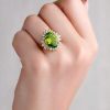 Stones & Gold Rings | 13X10Mm Fancy Shamrock Green Peridot With Baguette And Round Diamond Solid 14 Karat Gold Cocktail Ring