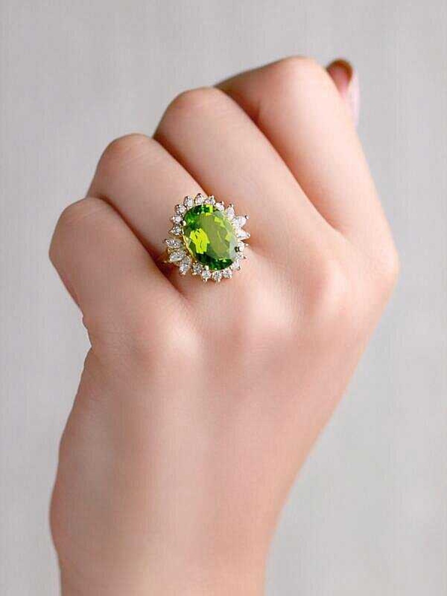 Stones & Gold Rings | 13X10Mm Fancy Shamrock Green Peridot With Baguette And Round Diamond Solid 14 Karat Gold Cocktail Ring