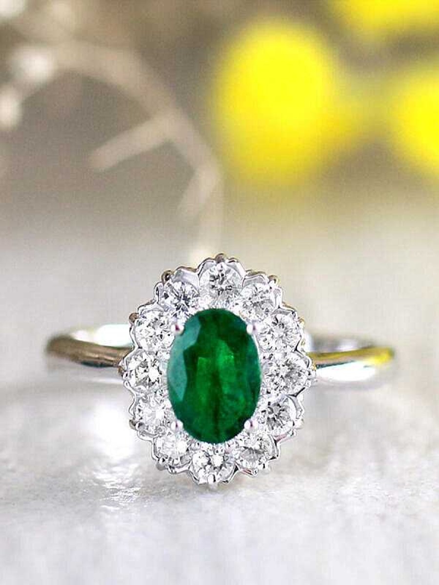 Stones & Gold Rings | 7X5Mm Natural Emerald And Classic Diamond Halo Solid 14 Karat Gold Engagement Ring