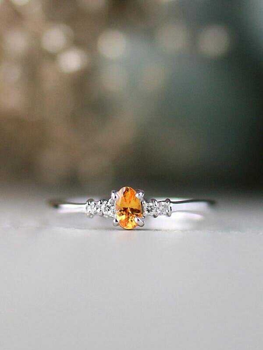 Stones & Gold Rings | 5X3Mm Mandarin Garnet And Diamond Engagement Solid Gold (14Ky) Colored Stone Wedding Ring