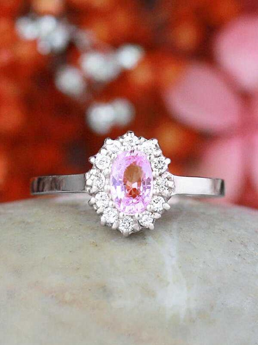 Stones & Gold Rings | Pink Sapphire And Diamond Halo Engagement Ring | Prong Setting | Polished Finish | Solid 14K Gold