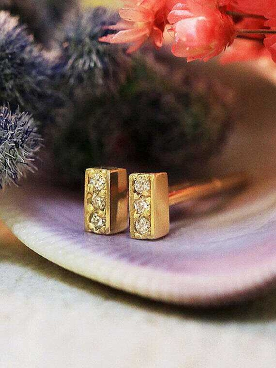 Stones & Gold Earrings | Petite Diamond Bar Stud Earrings