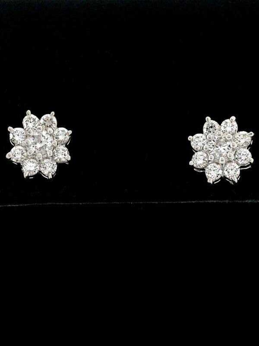 Stones & Gold Earrings | 8X8Mm Diamond Cluster Halo Floral Solid 14 Karat Gold Stud Earrings