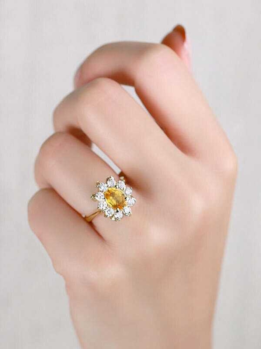 Stones & Gold Rings | Yellow Sapphire And Diamond Engagement | Prong Setting | Solid 14K Gold | Cocktail Ring