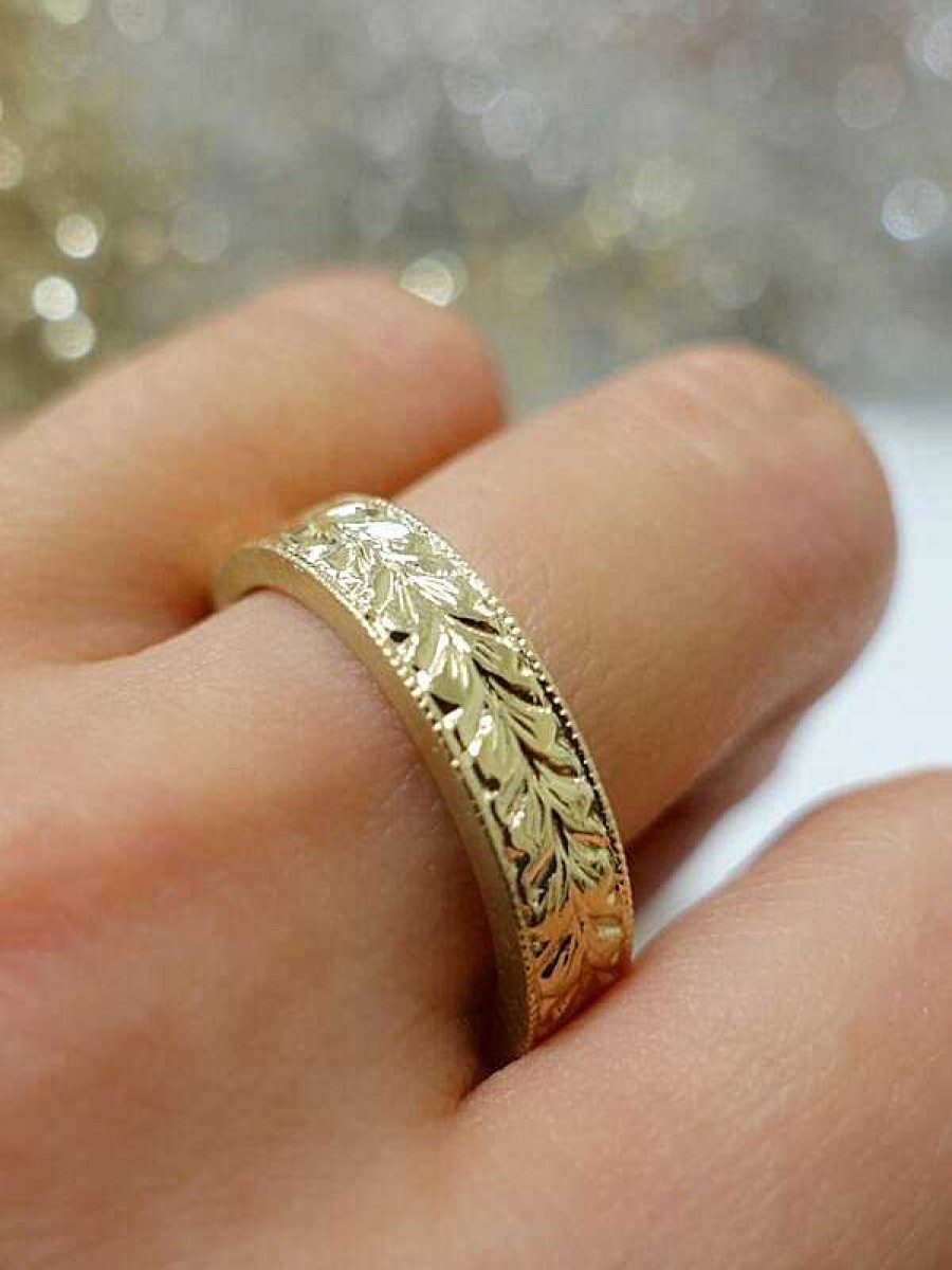 Stones & Gold Rings | 5Mm Uni Wedding Band | Filigree Loop Design | Satin Side | Polished Finish | Solid 14K Gold | Fine Jewelry | Free Shipping