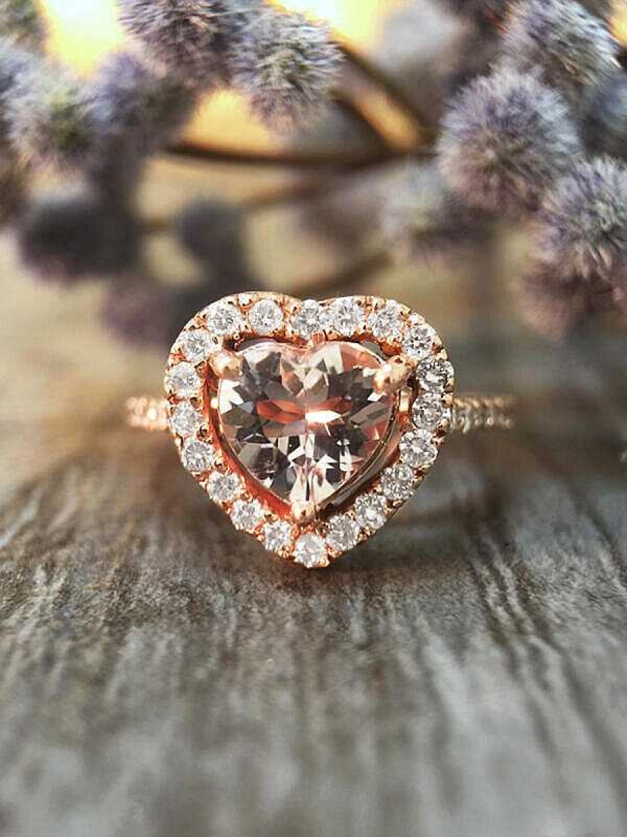 Stones & Gold Rings | Heart Morganite And Diamond Engagement Solid Gold (14Kr) Colored Stone Wedding Ring