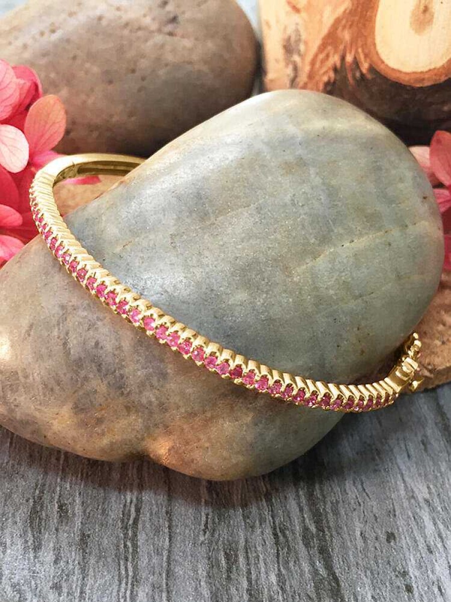 Stones & Gold Bracelets & Anklets | 3Mm Pink Sapphire Bangle Solid Gold (14Ky) Colored Stone Bracelet