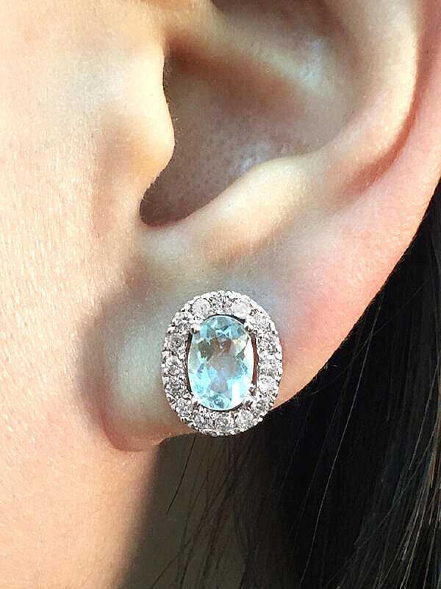 Stones & Gold Earrings | Aquamarine And Diamond Halo Stud Earrings