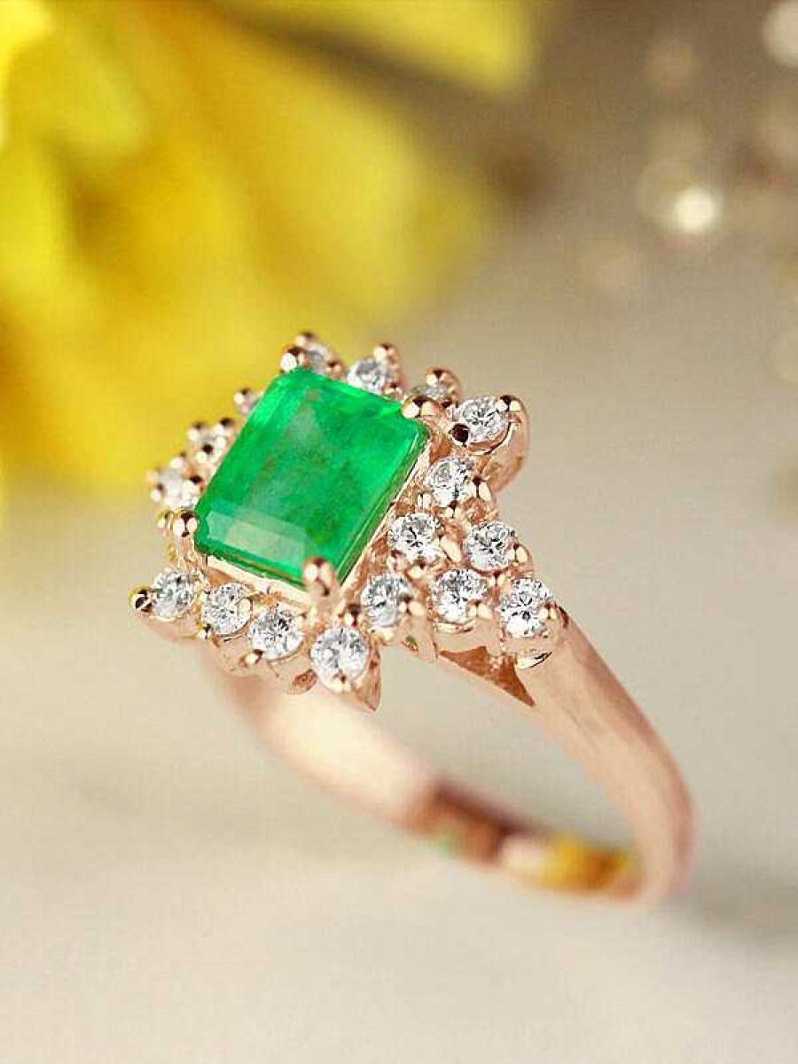 Stones & Gold Rings | Natural Emerald And Emerald Cut Cluster Solid 14 Karat Gold Cocktail Ring