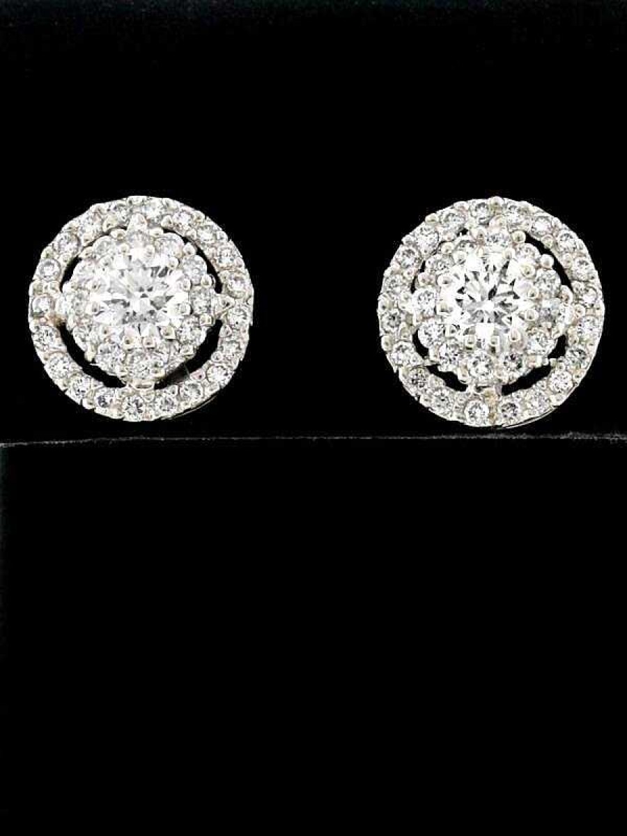 Stones & Gold Earrings | 1.82Ct Diamond Double Halo Solid 14 Karat Gold Screw Back Earrings