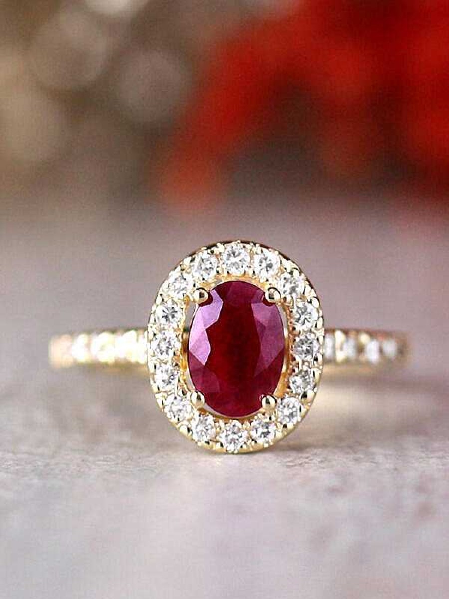 Stones & Gold Rings | 9X5Mm Natural Oval Ruby And Diamond Halo In Cathedral Setting Solid 14 Karat Gold Engagement Ring