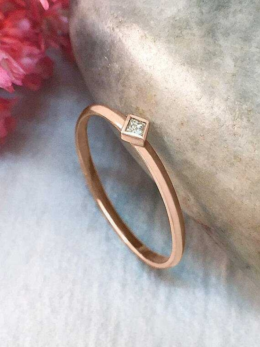 Stones & Gold Rings | Diamond Ring | Princess Cut Diamond Solitaire Ring | 0.03Ct Diamond | Stackable Ring | Solid Gold | Fine Jewelry | Free Shipping