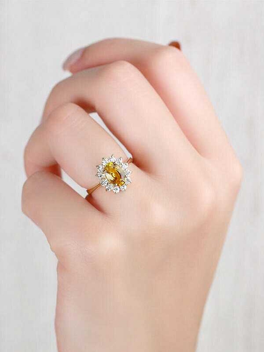 Stones & Gold Rings | 8X6Mm Natural Yellow Sapphire Classic Diamond Halo Solid 14 Karat Gold Engagement Ring