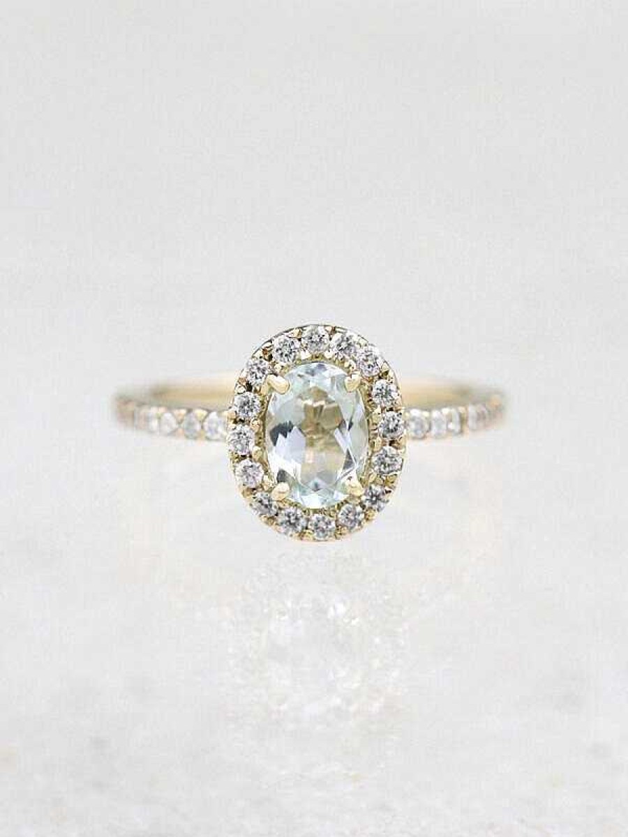 Stones & Gold Rings | 7X5Mm Natural Aquamarine Solid 14 Karat Gold Engagement Ring