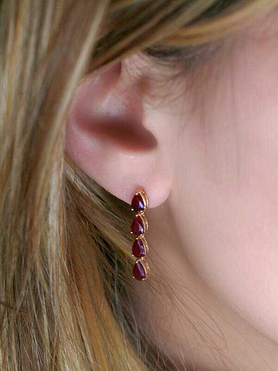 Stones & Gold Earrings | 6X4Mm Ruby Tear Drop Dangle Solid Gold (14Ky) Colored Stone Earrings