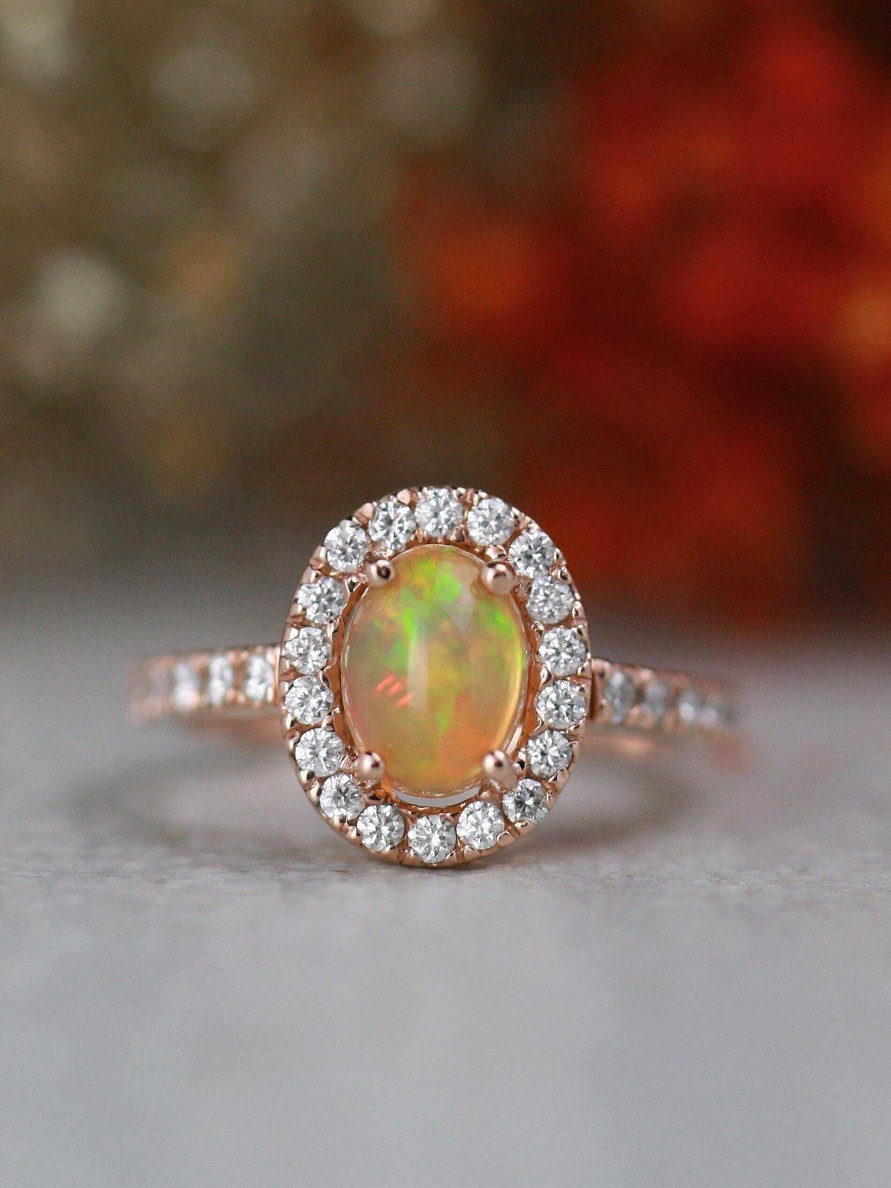 Stones & Gold Rings | 7X5Mm Oval Ethiopian Opal Diamond Halo Engagement Ring