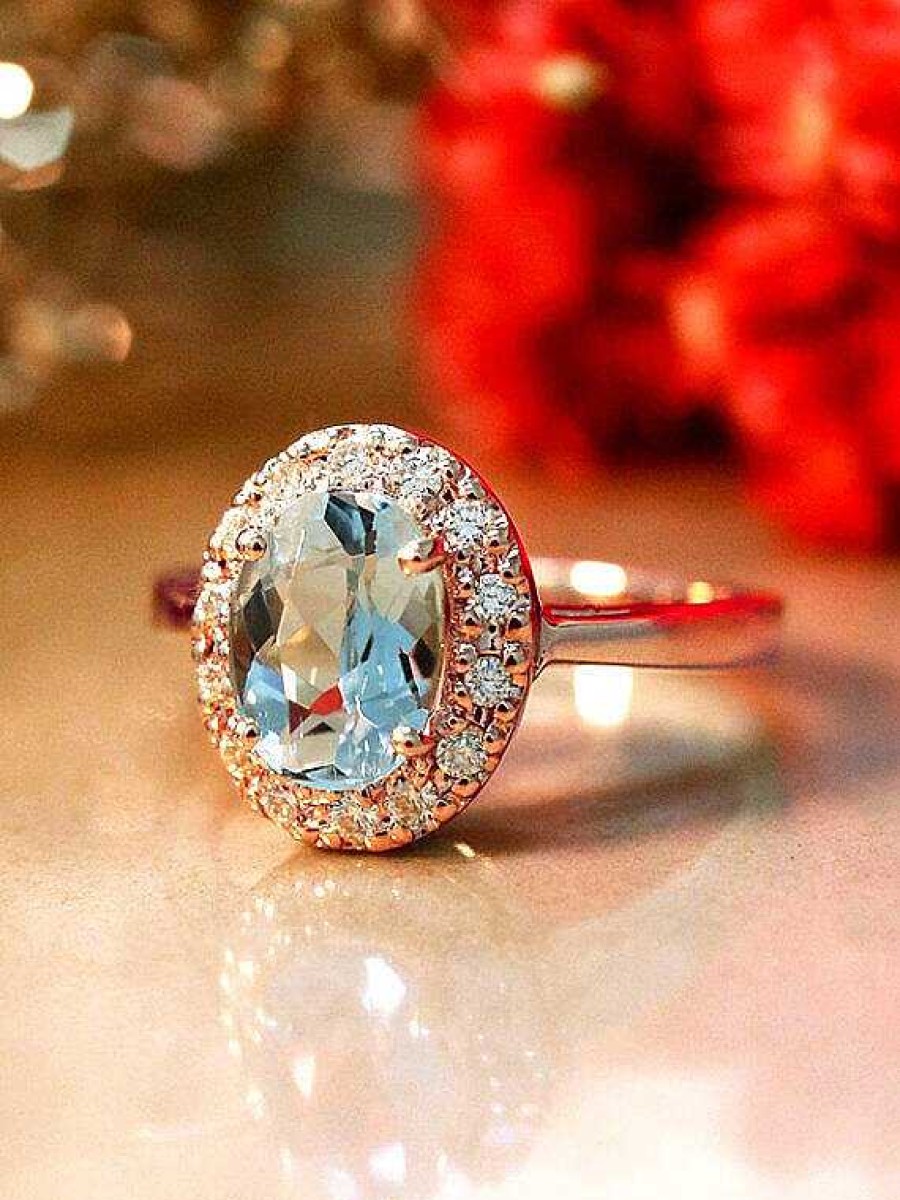 Stones & Gold Rings | Aquamarine Ring | Diamond Halo | Solid 14K Gold | Gemstone Engagement Ring | Colored Stone | March Birthstone | Fine Jewelry | Free Shipping