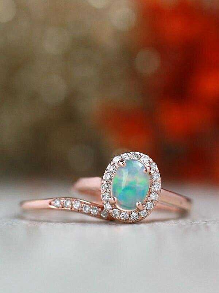 Stones & Gold Rings | Gemstone Engagement Ring Set | Opal Ring And Matching Diamond Wedding Band | Solid 14K Gold