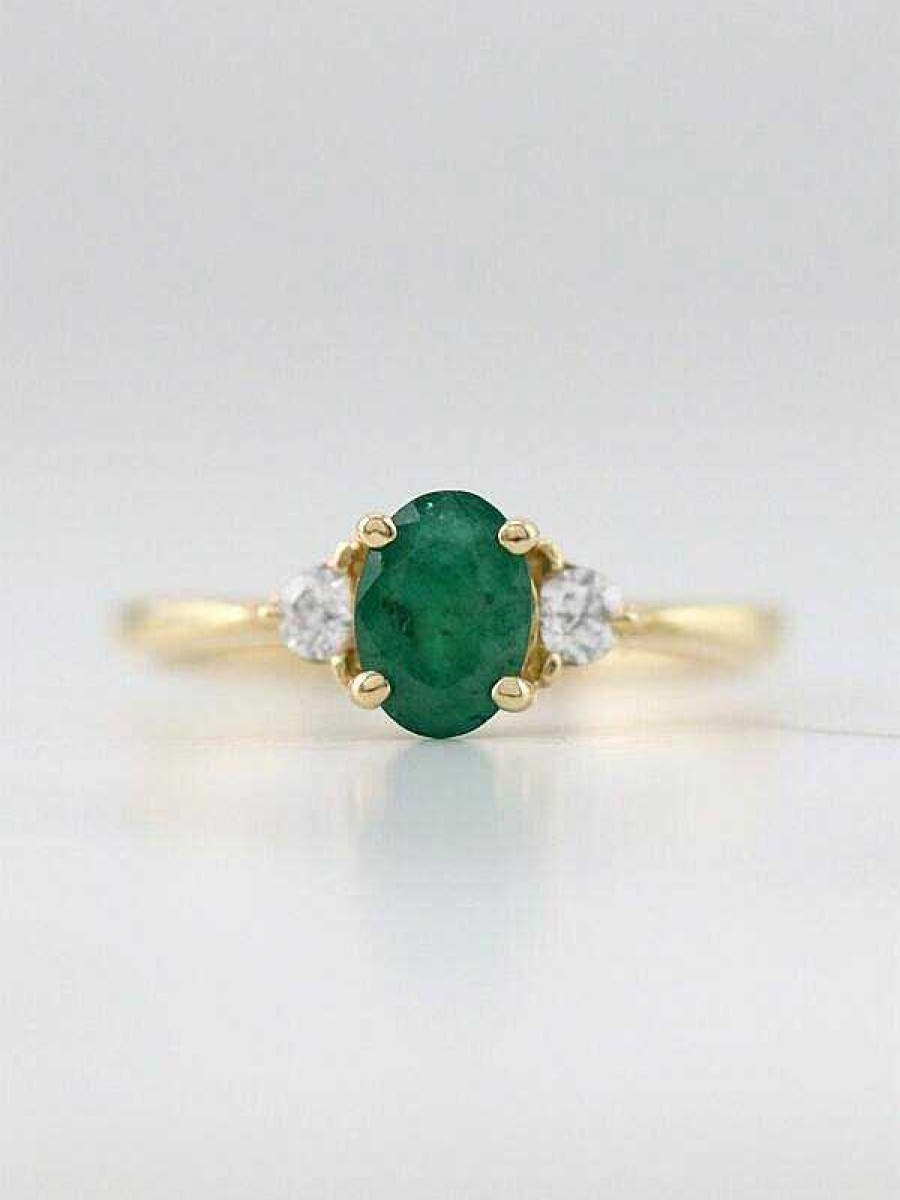 Stones & Gold Rings | 5X7Mm Emerald And Diamond Engagement Solid 14K Gold Wedding Ring