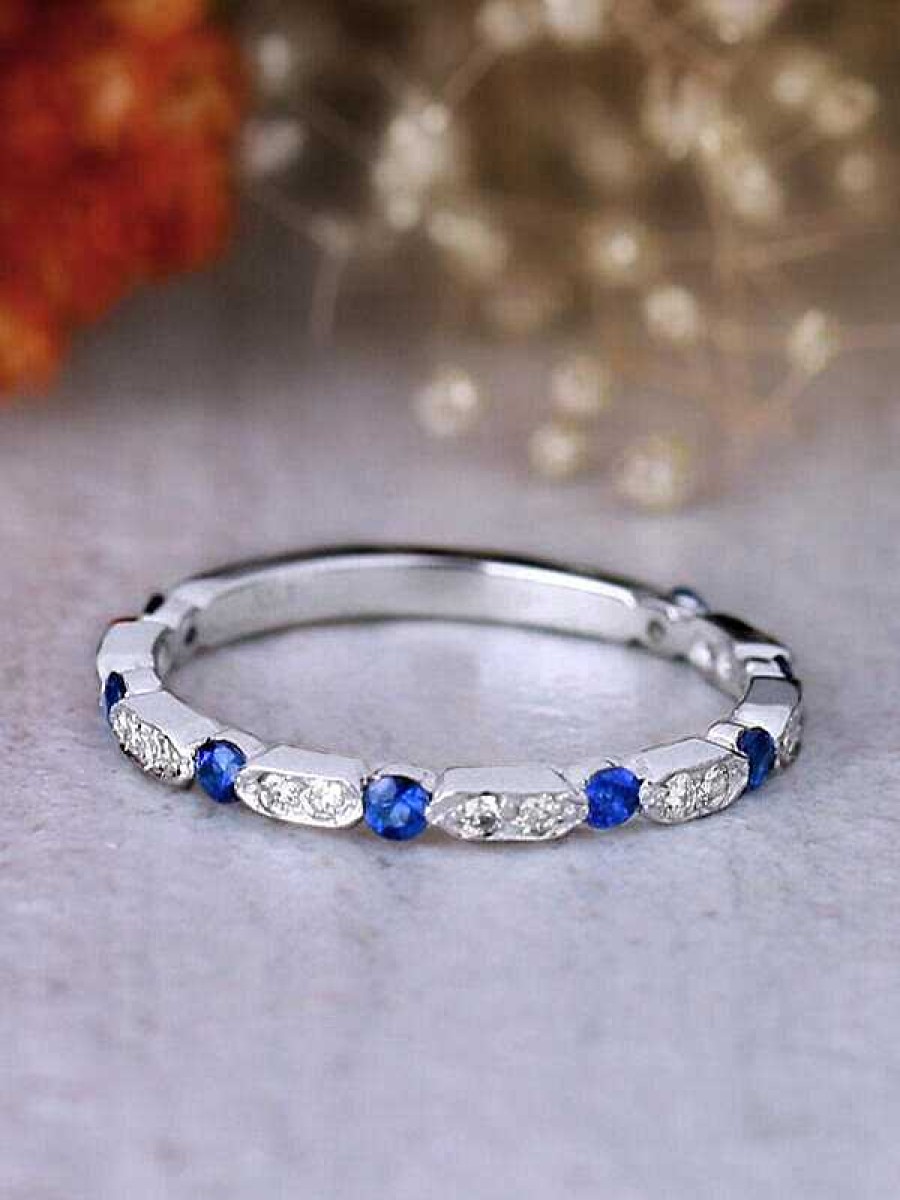 Stones & Gold Rings | 1.9Mm Blue Sapphire And Diamond Solid 14 Karat Gold Wedding Band