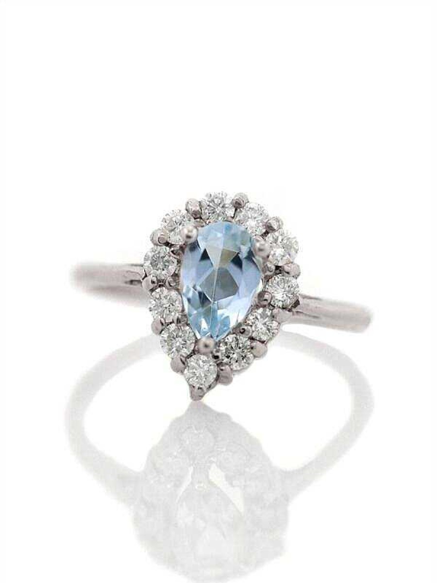 Stones & Gold Rings | Teardrop Aquamarine Halo Solid 14 Karat Gold Engagement Ring