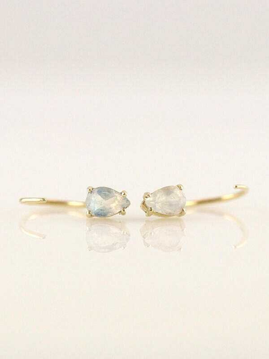 Stones & Gold Earrings | Teardrop Moonstone Solid 14 Karat Gold Open Huggie Earrings