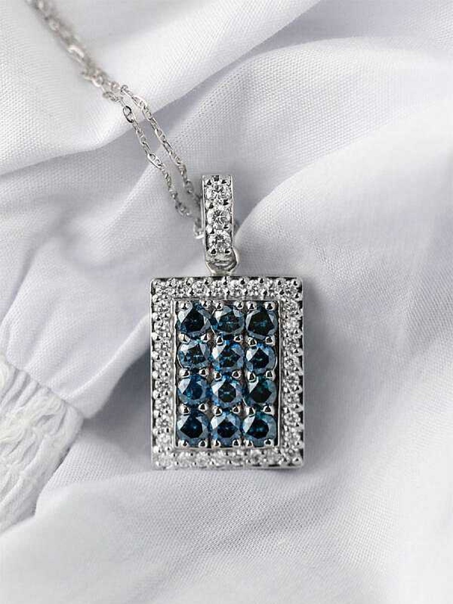 Stones & Gold Necklaces | 2.91Ct Blue And White Diamond Solid 14 Karat Gold Bar Pendant