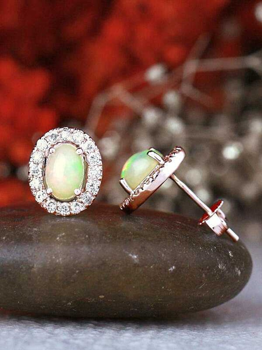 Stones & Gold Earrings | 7X5Mm Opal And Diamond Halo 14 Karat Stud Earrings