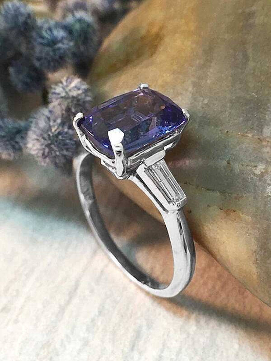 Stones & Gold Rings | Tanzanite And Baguette Diamond Cocktail Solid Gold (14Kw) Colored Stone Estate Ring