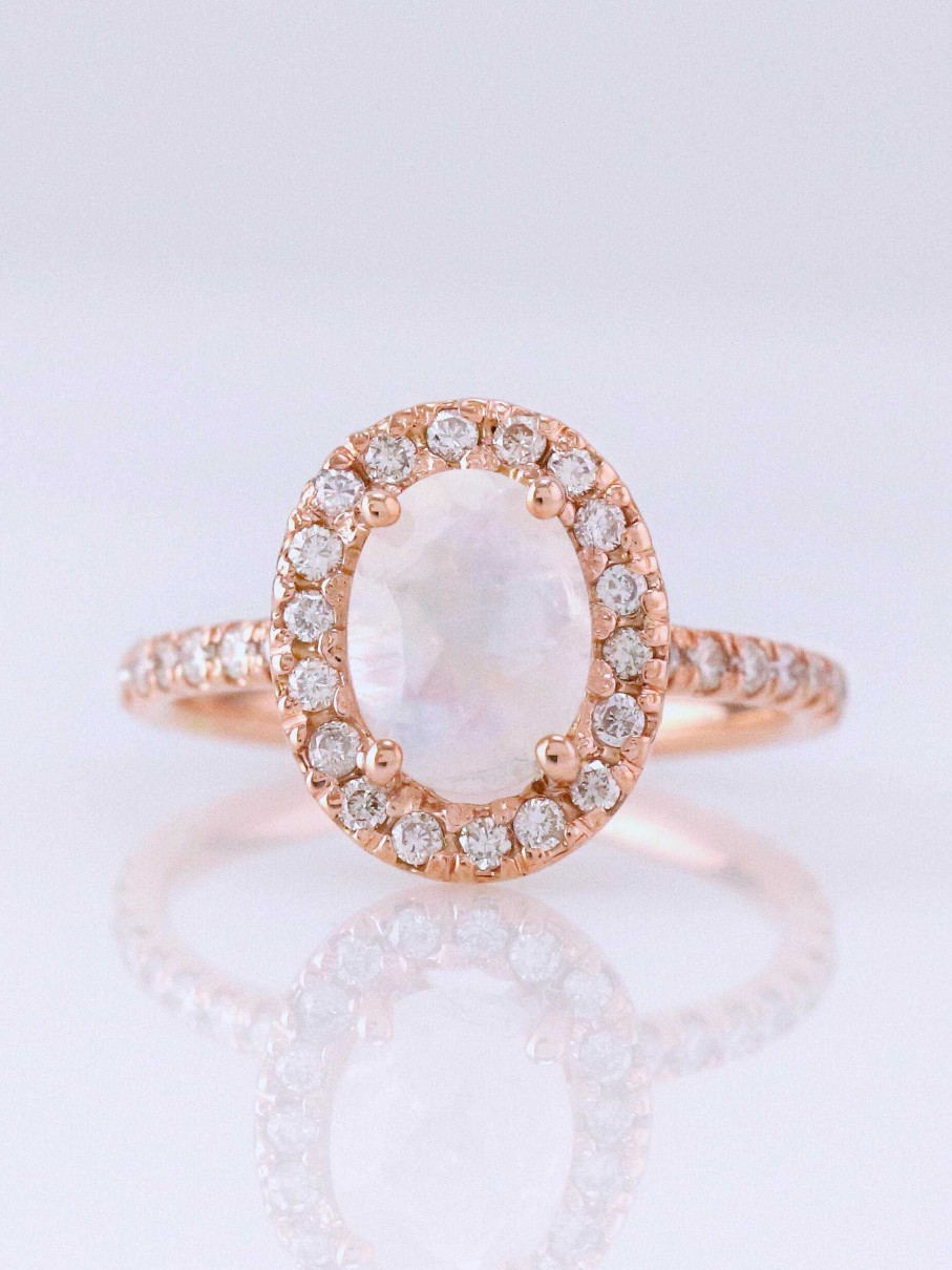 Stones & Gold Rings | Moonstone Halo Engagement Ring