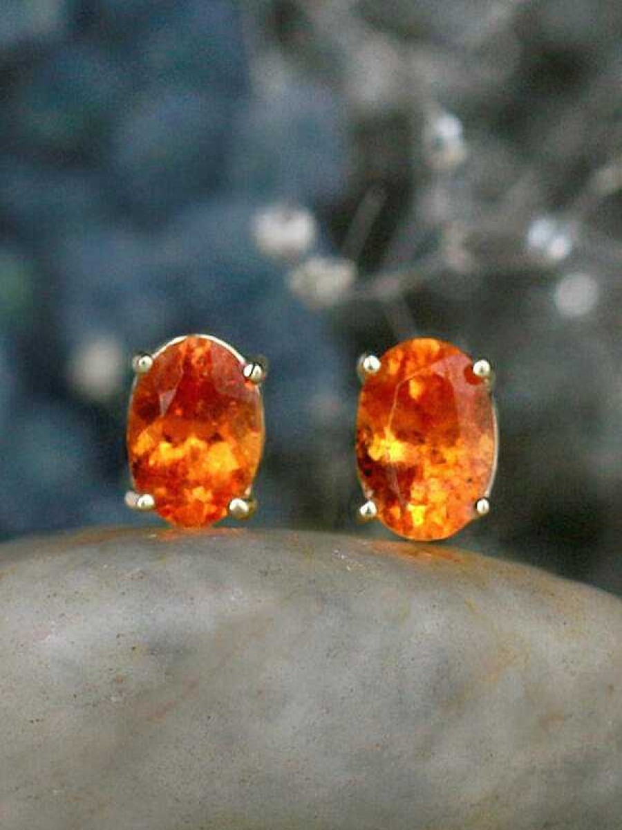 Stones & Gold Earrings | 7X5Mm Oval Mandarin Garnet Solid 14 Karat Stud Earrings