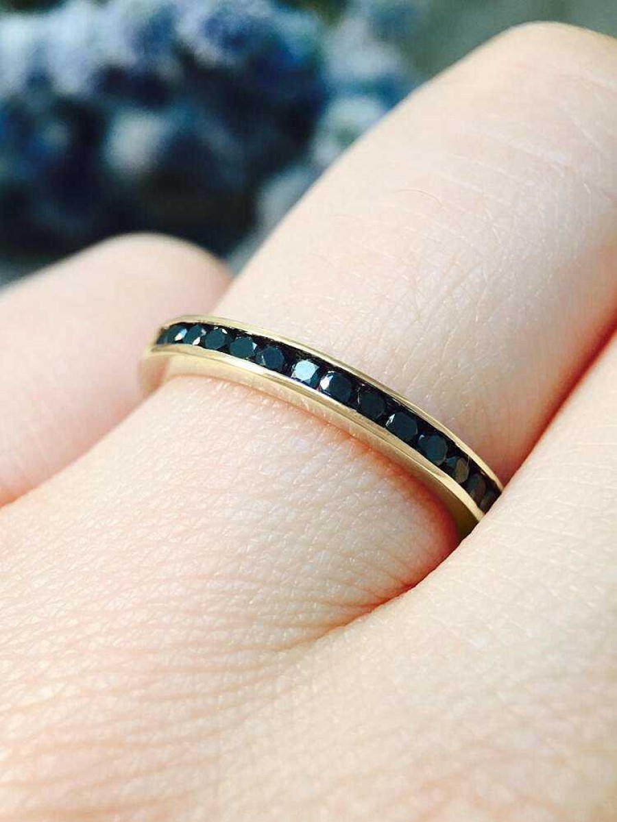 Stones & Gold Rings | 2.3Mm Black Diamond Wedding Band Solid Gold (14Ky) Stackable Women'S Engagement Ring