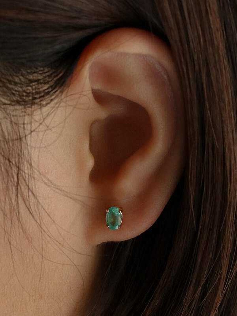 Stones & Gold Earrings | 6X4Mm Mint Green Emerald Solid 14 Karat Gold Stud Earrings