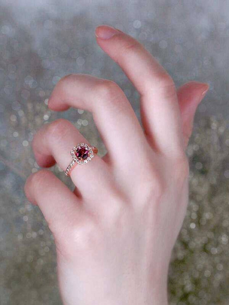 Stones & Gold Rings | Pink Tourmaline And Diamond Halo Engagement Solid Gold (14Kr) Colored Stone Wedding Ring