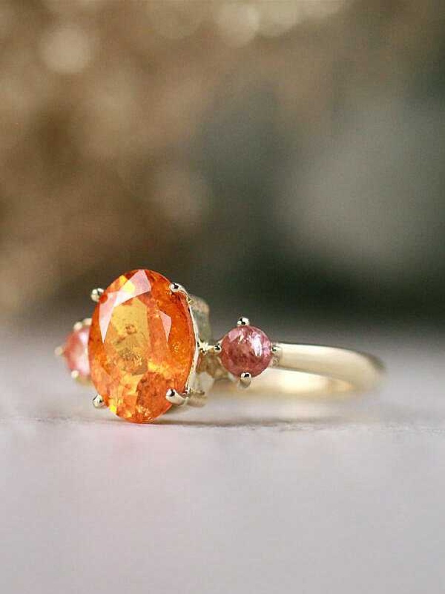 Stones & Gold Rings | 9X7Mm Natural Oval Mandarin Garnet And Coral Tourmaline Solid 14 Karat Gold Ring