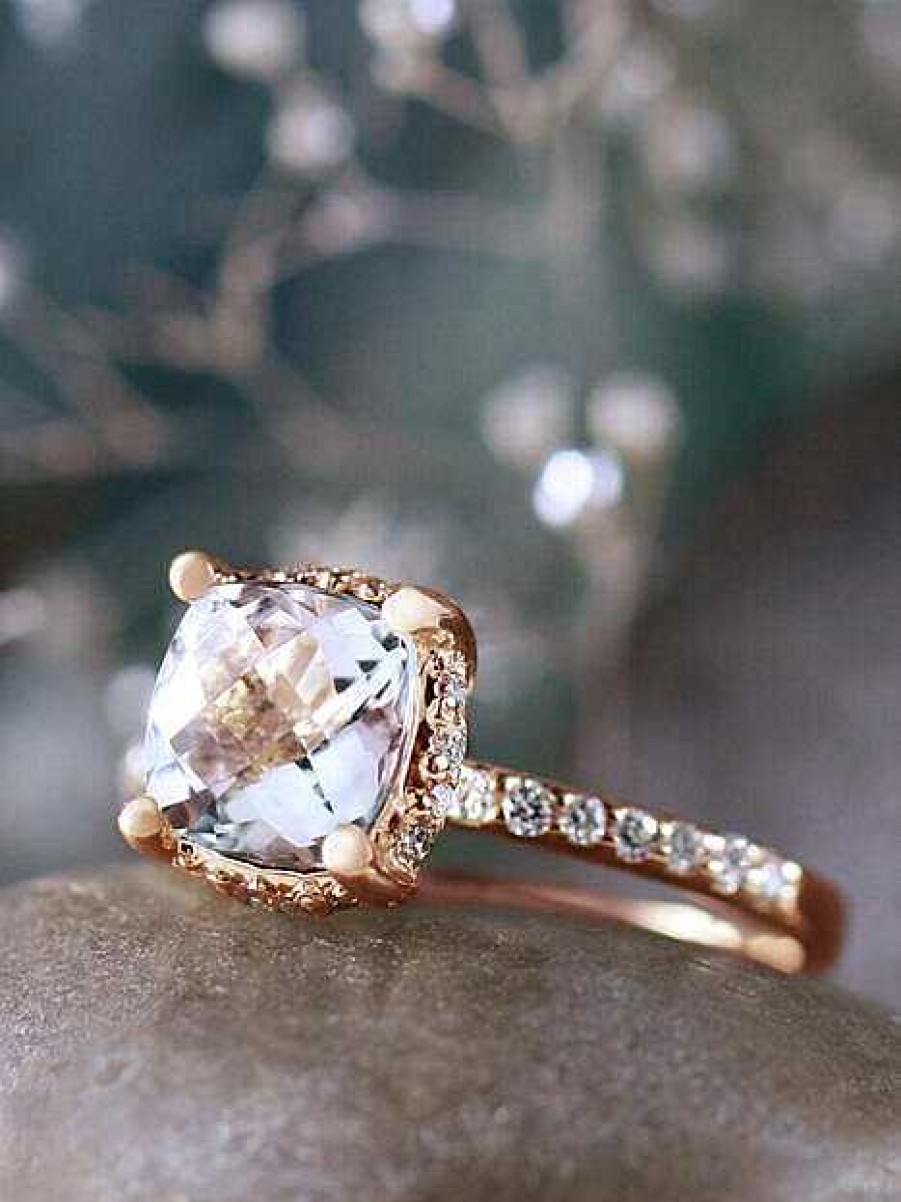 Stones & Gold Rings | Cushion Aquamarine With Diamond Basket 14 Karat Engagement Ring