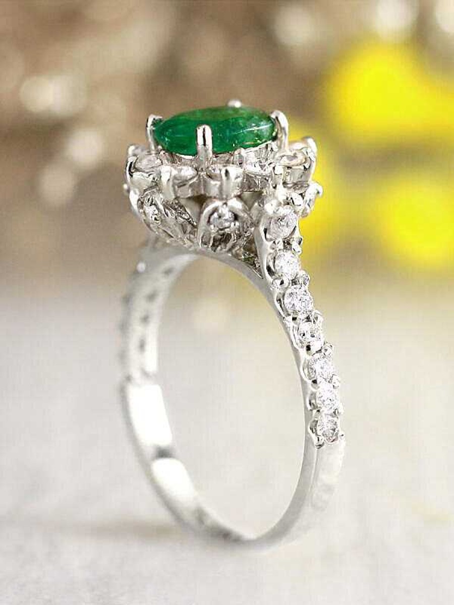 Stones & Gold Rings | 1.40Ct Natural Emerald And Diamond Halo With Floral Basket Solid 14 Karat Gold Engagement Ring