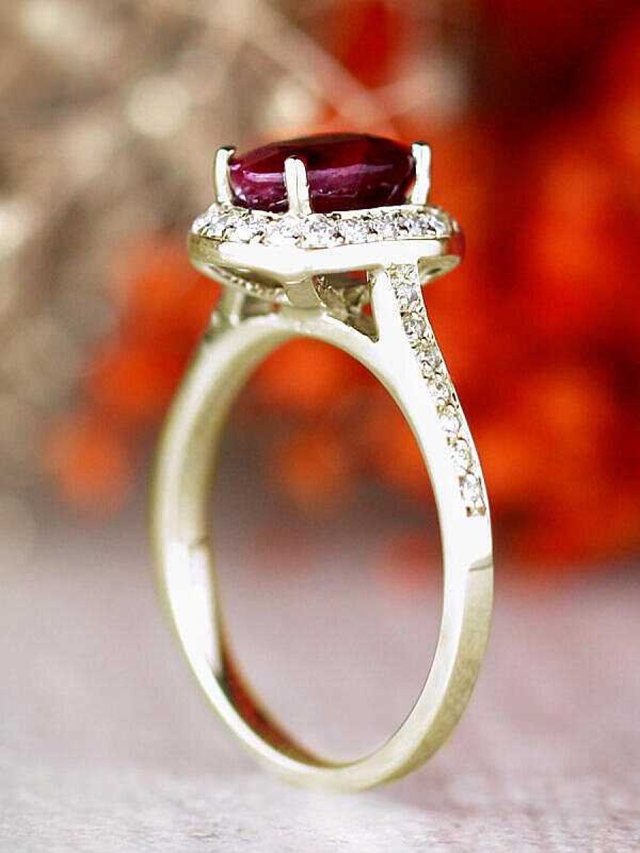 Stones & Gold Rings | 8X6Mm Natural Ruby And Diamond Cushion Halo Solid 14 Karat Gold Engagement Ring