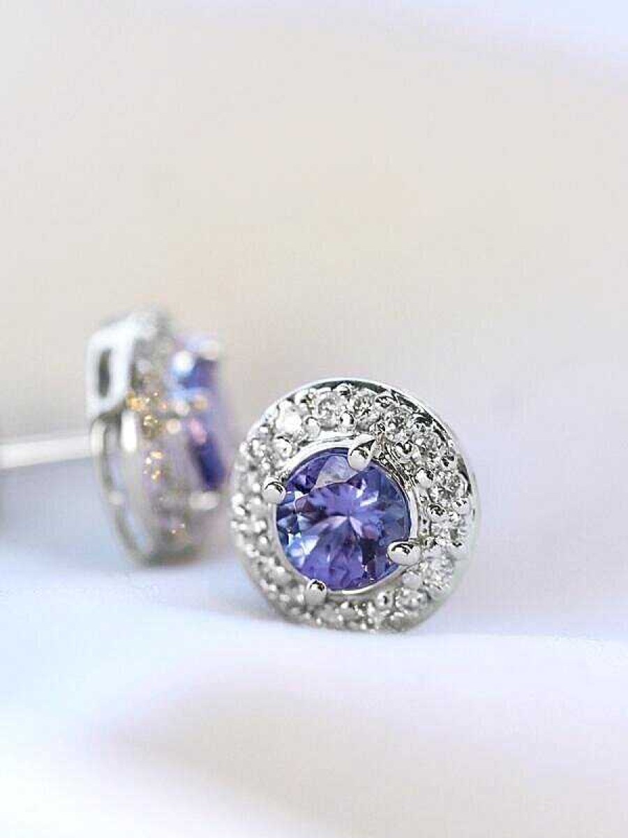 Stones & Gold Earrings | Tanzanite And Diamond Halo Stud Earrings