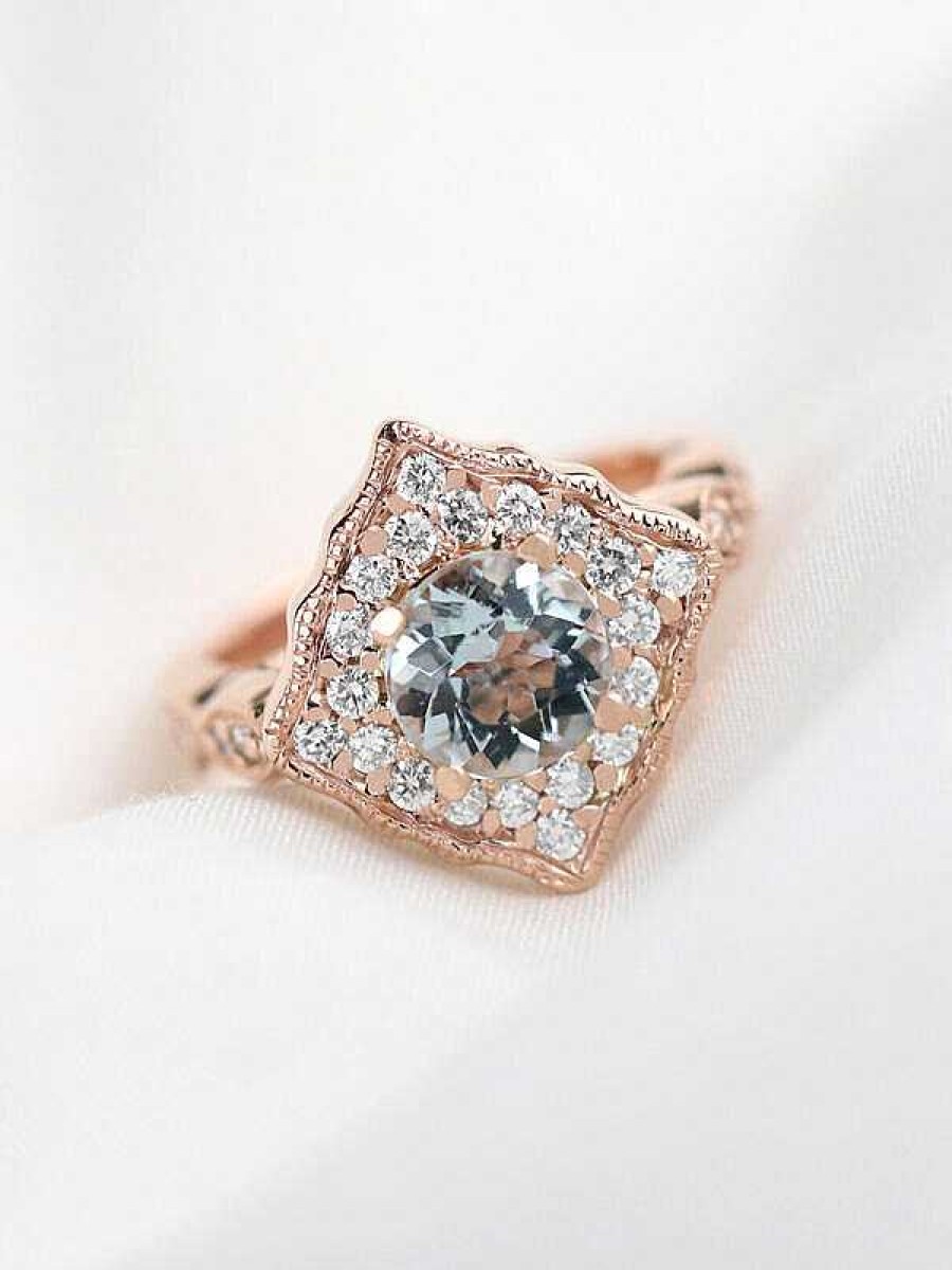 Stones & Gold Rings | 1.2Ct Aquamarine Kite Halo Engagement Ring