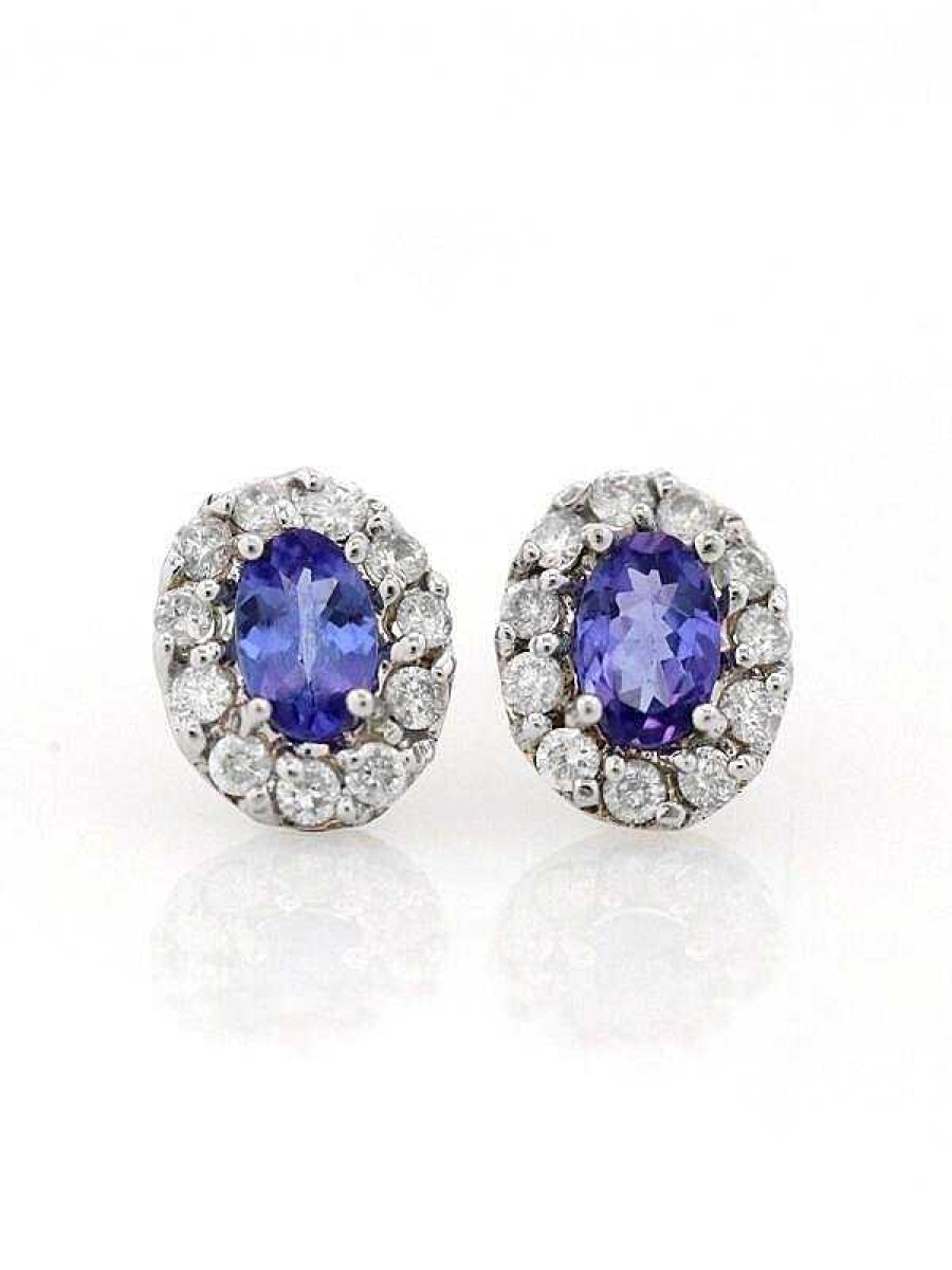 Stones & Gold Earrings | Tanzanite And Diamond Halo Stud Solid Gold (14Kr) Colored Stone Earrings