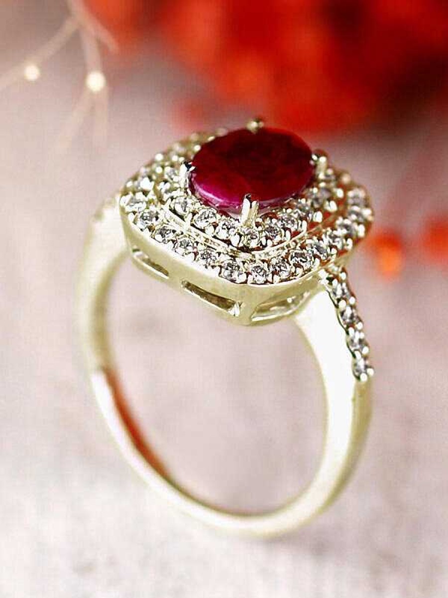 Stones & Gold Rings | 8X6Mm Natural Ruby And Double Diamond Cushion Halo Solid 14 Karat Gold Engagement Ring