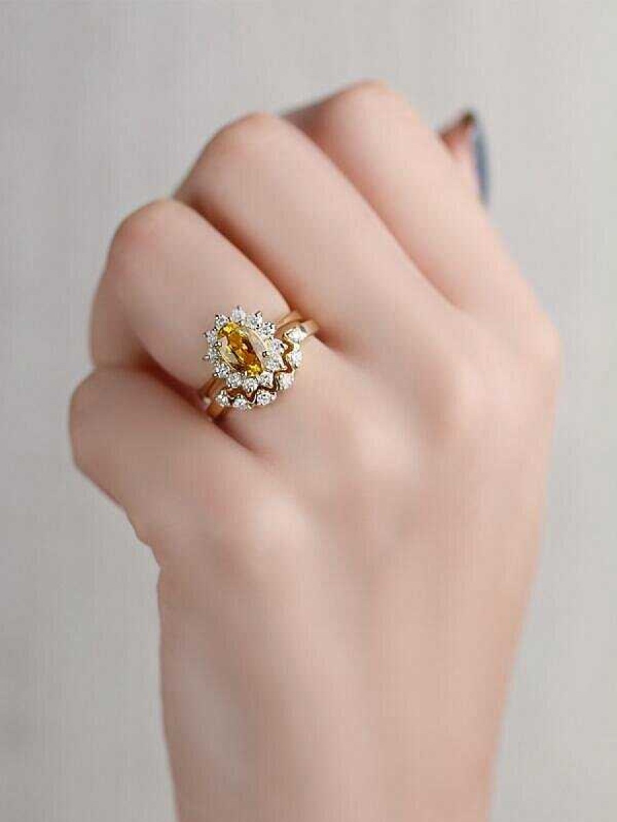 Stones & Gold Rings | Set: Classic Yellow Sapphire + U-Shaped Floral Diamond Halo Solid 14 Karat Gold Ring