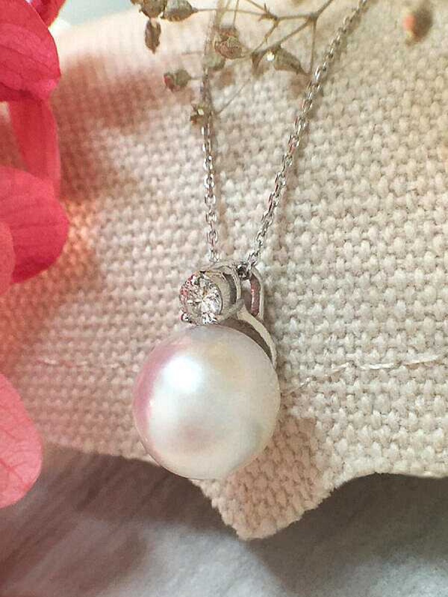 Stones & Gold Necklaces | 8Mm Pearl And Diamond Pendant Solid Gold (14Kw) With Bonus Solid 14Kw Chain Necklace