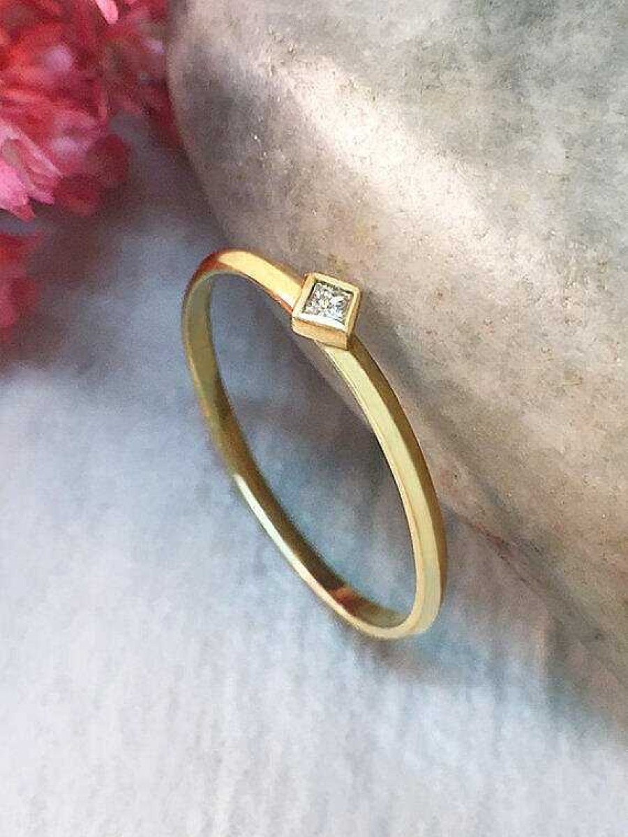 Stones & Gold Rings | Diamond Ring | Princess Cut Diamond Solitaire Ring | 0.03Ct Diamond | Stackable Ring | Solid Gold | Fine Jewelry | Free Shipping