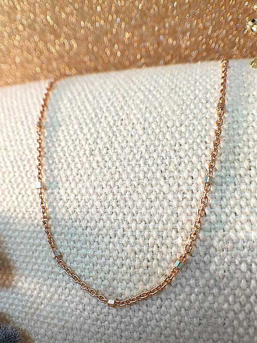 Stones & Gold Necklaces | Link Chain Necklace With Square Cubes | Solid Gold Chain | Rose Gold Chain | 16 Inches | Spring Lock | Fine Jewelry | Free Shipping